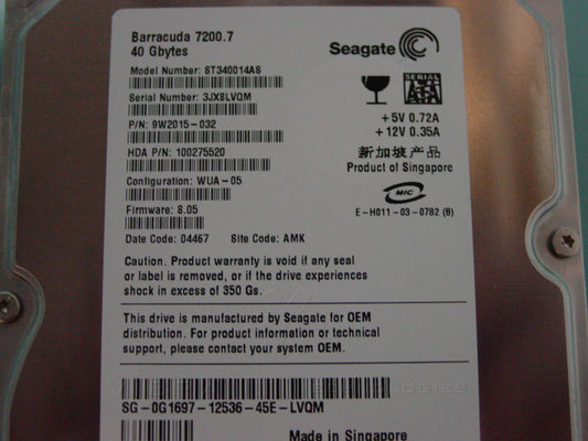 Dell 0G1697 Seagate Barracuda 40GB SATA 7200RPM Hard Disk Drive HDD