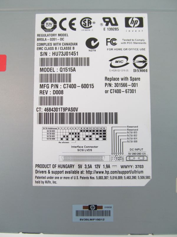 HP 301566-001 LTO ULTRIUM 230 TAPE DRIVE SCSI LVD