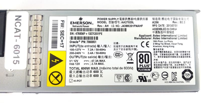 Oracle 7060951 A256 600 Watt AC Input Power Supply AA27020L  X3-2/X4-2