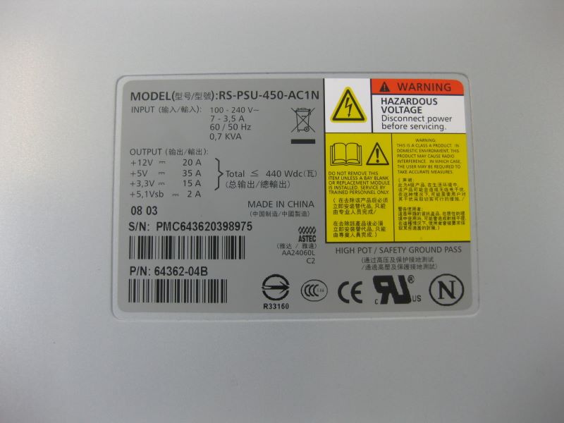 EqualLogic 64362-04D PS4000 PS5000 PS6000 RS-PSU-450-AC1N 450W Power Supply