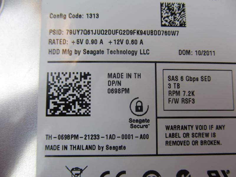 Dell 9XT260-251 Constellation ES.2 SED SAS 3TB 6Gbps 7.2k HDD, Dell Labeled