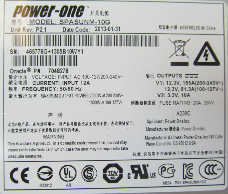 Oracle 7048278-DUPLICATED- Type A239C 1030/2060 Watt AC Input Power Supply