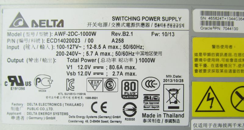SUN 7044130 Oracle A258 1000W AC Input Power Supply
