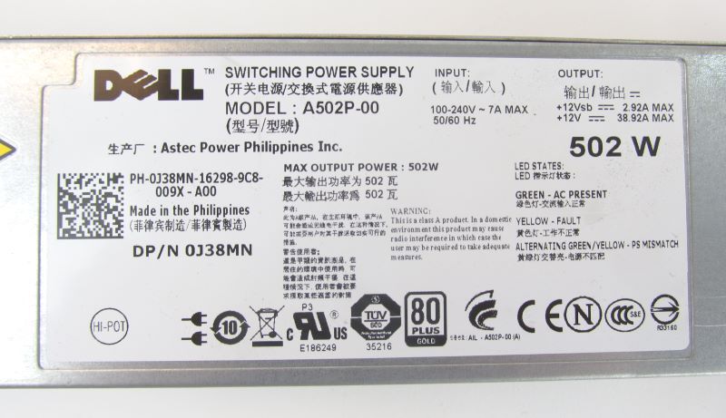 Dell J38MN 502W Power Supply for R610