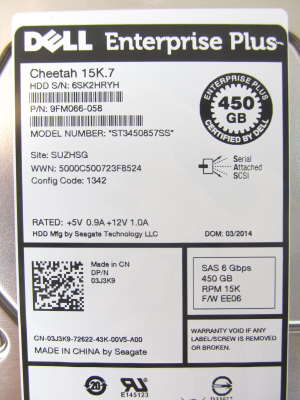 Compellent 3J3K9-CML 450Gb 15K RPM 3.5" SAS 6Gbp/s HDD With Tray