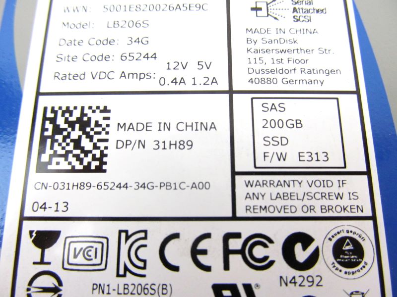 Compellent 31H89 200Gb SAS 6Gbps 2.5" SSD Solid State Drive with SC220 Tray