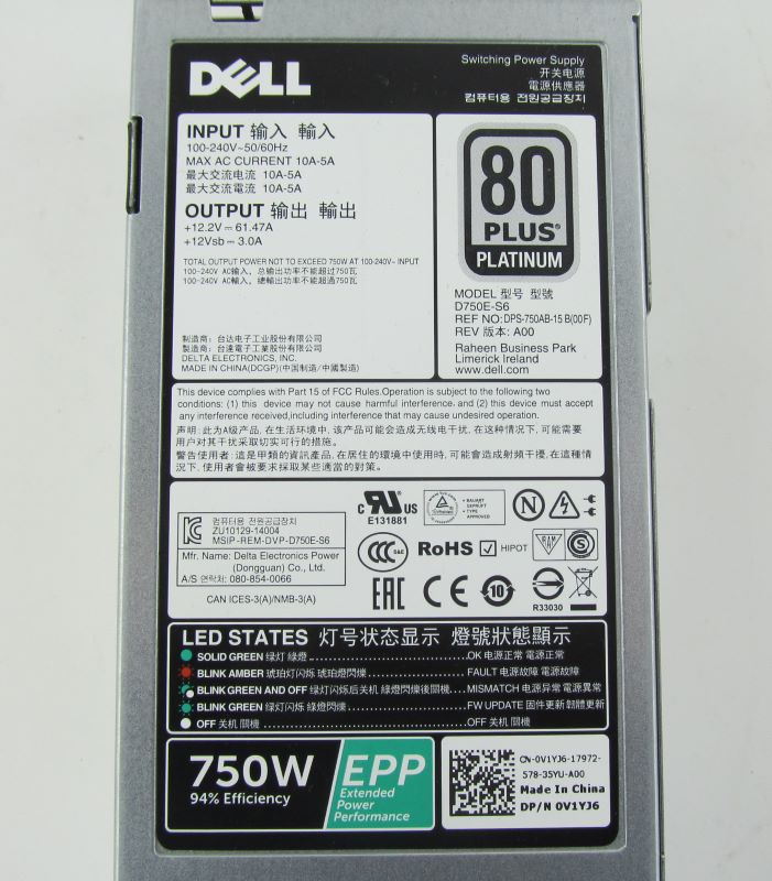 Dell V1YJ6-TC 750W Power Supply EPP 80 Plus Platinum R630/R730