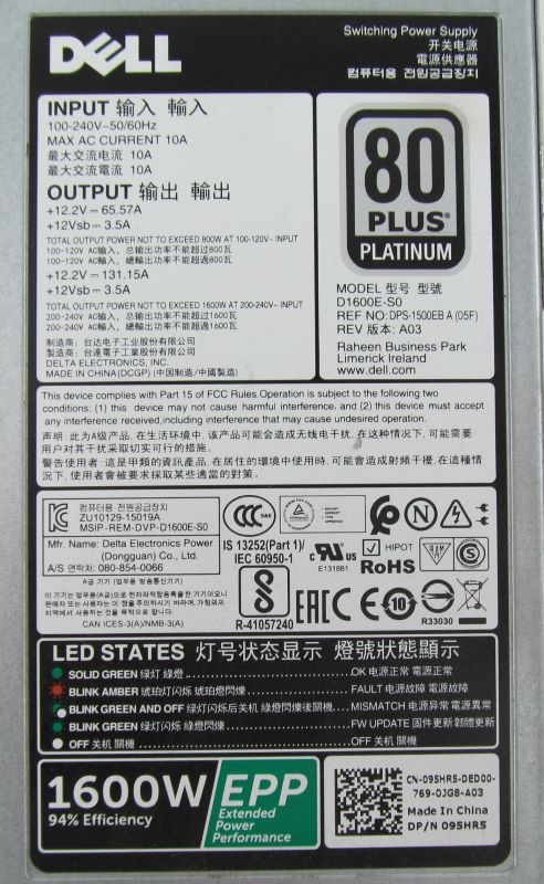 Dell 95HR5 1600W Power Supply FX2 | T630 | R740 | R830 | R940