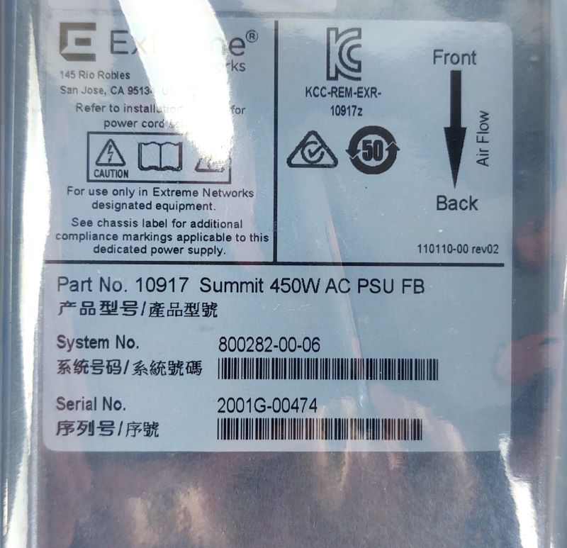 Extreme 10917 450W AC Power Supply for X480 Switches