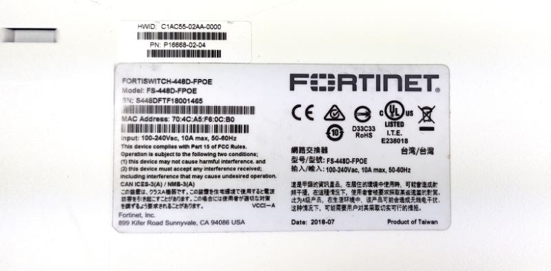 Fortinet FS-448D-FPOE 48x GE RJ45 and 4x10 GE SFP+
